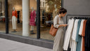 Une femme examine attentivement l’étiquette d’un vêtement responsable dans une boutique.