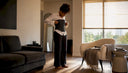 Woman adjusting sustainable corset in bedroom