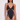 Front view of the Room 24 Tammy one-piece swimsuit with a plunging V-neckline, double straps and geometric illusion-mesh panels.