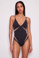 Front view of the Room 24 Tammy one-piece swimsuit with a plunging V-neckline, double straps and geometric illusion-mesh panels.