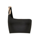 Close-up of the Room 24 Thea bikini top showing its braided shoulder detailing and smooth stretch fabric.