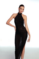 Front view of the Room 24 Jovi black halterneck mesh dress with a fitted silhouette and asymmetric pointed hem.
