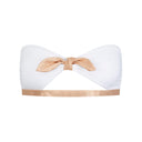 Close-up of the Room 24 Izy bandeau bikini top showing its sweetheart neckline and centre tie detail.
