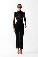 Front view of the Room 24 Renata black mesh maxi dress with a high neckline, long sleeves and crystal embellishments.