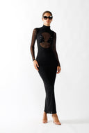 Front view of the Room 24 Romy black sheer mesh maxi dress with a high neckline, statement chest cut-out and gathered bust panels.