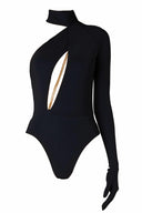 Close-up of the Room 24 Gina black bodysuit showing the asymmetric halterneck, chain-trimmed front cut-out and smooth stretch fabric.