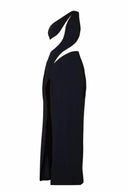 Close-up of the Room 24 Joanna black dress showing its asymmetric one-shoulder neckline, curved cut-out panels and smooth stretch fabric.