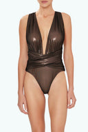 Front view of the Room 24 Rachel one-piece swimsuit with a deep plunge neckline, gathered panels and crossover waist.