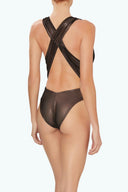 Back view of the Room 24 Rachel swimsuit showing its wide crossover straps, low open back and high-cut silhouette.
