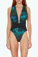 Front view of the Room 24 Rachel one-piece swimsuit with a deep plunge neckline, gathered panels and crossover waist.