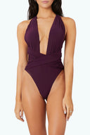Front view of the Room 24 Rachel one-piece swimsuit with a deep plunge neckline, gathered halterneck and crossover waist.