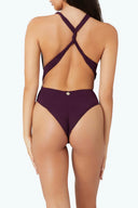 Back view of the Room 24 Rachel swimsuit showing its halterneck construction, open back and sculpted silhouette.