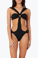 Front view of the Room 24 Camilla black one-piece swimsuit with a bandeau-inspired bust, centre ring detail and curved waist cut-outs.