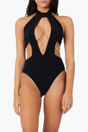 Front view of the Room 24 Adriana one-piece swimsuit with a high halterneck, plunging cut-outs and chain detailing.
