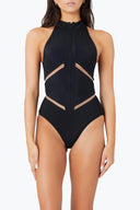 Front view of the Room 24 Maya one-piece swimsuit with a high neckline, full-length zip and illusion-mesh waist panels.