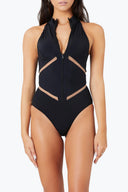 Close-up of the Room 24 Maya swimsuit showing its adjustable front zip, high neckline and illusion-mesh detailing.