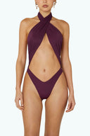 Front view of the Room 24 Carol one-piece swimsuit with a crossover halterneck, wrapped panels and statement torso cut-out.