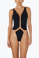 Front view of the Room 24 Layla one-piece swimsuit with a deep plunge neckline, illusion-mesh panel and curved waist cut-outs.