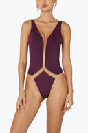 Front view of the Room 24 Layla one-piece swimsuit with a deep plunge neckline, illusion-mesh panel and curved waist cut-outs.