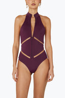 Front view of the Room 24 Maya one-piece swimsuit with a high neckline, full-length zip and illusion-mesh waist panels.