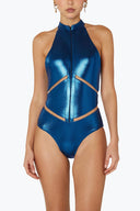 Front view of the Room 24 Maya one-piece swimsuit with a high neckline, full-length zip and illusion-mesh waist panels.