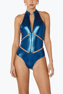 Front view of the Room 24 Maya one-piece swimsuit with a high neckline, full-length zip and illusion-mesh waist panels.