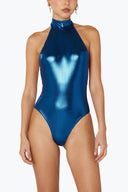 Front view of the Room 24 Lea one-piece swimsuit with a high halterneck, sculpted fit and high-cut legs.