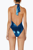 Back view of the Room 24 Lea one-piece swimsuit showing its self-tie neck fastening, dramatic low back and medium coverage.