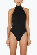 Front view of the Room 24 Lea one-piece swimsuit with a high halterneck, sculpted fit and high-cut legs.