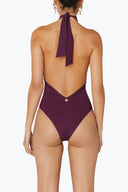 Back view of the Room 24 Lea one-piece swimsuit showing its self-tie neck fastening, dramatic low back and medium coverage.