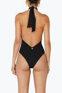 Back view of the Room 24 Lea one-piece swimsuit showing its self-tie neck fastening, dramatic low back and medium coverage.