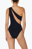 Back view of the Room 24 Freya black swimsuit showing its asymmetric construction, mesh detailing and sculpted fit.