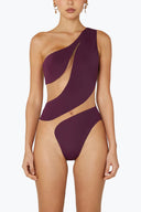 Front view of the Room 24 Freya bordeaux one-piece swimsuit with an asymmetric shoulder and sweeping illusion-mesh cut-outs.