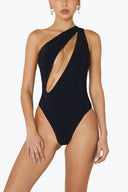 Front view of the Room 24 Louise one-piece swimsuit with an asymmetric neckline, sweeping cut-out and chain detailing.