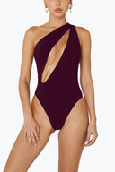 Front view of the Room 24 Louise one-piece swimsuit with an asymmetric neckline, sweeping cut-out and chain detailing.