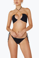Front view of the Room 24 Maria triangle bikini top with gathered cups and chain detailing.