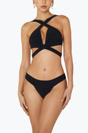 Front view of the Room 24 Margot bikini top with gathered triangle cups and crossover halterneck straps.