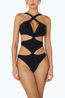 Front view of the Room 24 Jennifer black one-piece swimsuit with a crossover halterneck, plunging neckline and geometric waist cut-outs.