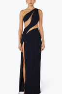 Front view of the Room 24 Joanna black maxi dress with a one-shoulder neckline, sweeping cut-outs and thigh-high split.