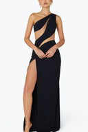 Front view of the Room 24 Joanna black maxi dress with a one-shoulder neckline, sweeping cut-outs and thigh-high split.