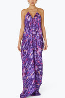 Front view of the Room 24 Raja purple printed maxi dress with gold-tone chain straps, a plunging neckline and flowing silhouette.