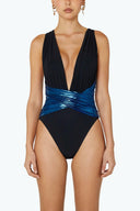 Front view of the Room 24 Rachel one-piece swimsuit with a deep plunge neckline, gathered halterneck and crossover waist.