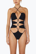 Front view of the Room 24 Alexa black one-piece swimsuit with a plunging halterneck, ruched panels and crossover cut-out straps.