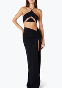 Front view of the Room 24 Kat top with a halterneck, geometric cut-out detailing and a sculpted cropped silhouette.