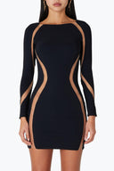 Front view of the Room 24 Becca black mini dress with long sleeves and curved sheer-mesh panels framing the shoulders and waist.