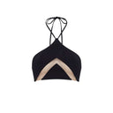 Close-up of the Room 24 Kat top showing the geometric cut-outs, halterneck construction and smooth stretch fabric.