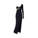 Close-up of the Room 24 Emily black dress showing the underwired balconette cups, sheer boned corset and asymmetric draping.