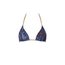 Close-up of the Room 24 Stacey bikini top showing its gathered fabric and chain detailing.