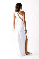 Back view of the Room 24 Joanna white cut-out dress showing its asymmetric shoulder construction and sculpted full-length silhouette.