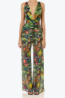 Front view of the Room 24 Ayla trousers with an abstract print, sheer mesh construction and adjustable drawstring waist.